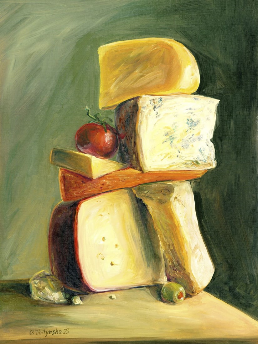 Oksana Voytynska (Ukraine,20/21C) oil painting: ARTIST: Oksana Voytynska (Ukrainian, 20/21 centuries) TITLE: Still Life with Cheese MEDIUM: oil on heavy paper CONDITION: Very good. No visible inpaint under UV light.