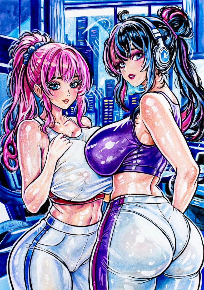 Alex Ukrainets (Ukraine,b 2001) mixed media painting: ARTIST: Alex Ukrainets (Ukrainian, born 2001) TITLE: Nudes - Electric Harmony (titled on verso) MEDIUM: mixed media on heavy paper CONDITION: Very good. No visible inpaint u