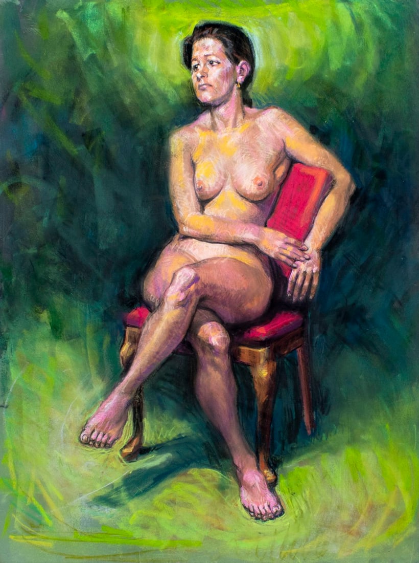 Karl Foster (PA,b 1933) pastel painting: ARTIST: Karl Foster (Pennsylvania, born 1933) TITLE: Nude Seated on Chair MEDIUM: pastel on board CONDITION: Few faint scratches. ART SIZE: 24 x 18 inche