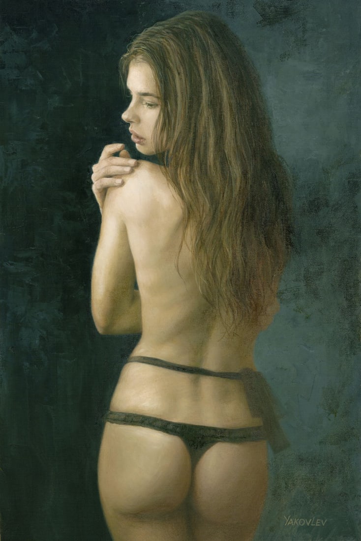 Alexey Yakovlev (Ukraine,b 1976) oil painting: ARTIST: Alexey Yakovlev (Ukrainian, born 1976) TITLE: Nude MEDIUM: oil on canvas CONDITION: Very good. No visible inpaint under UV light. ART SIZE: 24 x