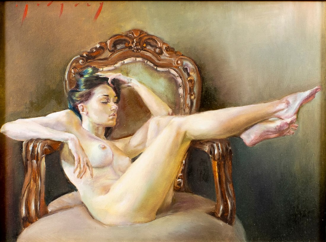 Igor Grey (Ukraine,b 1975) oil painting: ARTIST: Igor Grey (Ukrainian, born 1975) TITLE: Nude - Napping in the Chair (titled on verso) YEAR: 2015 MEDIUM: oil on canvas CONDITION: Very good. No v