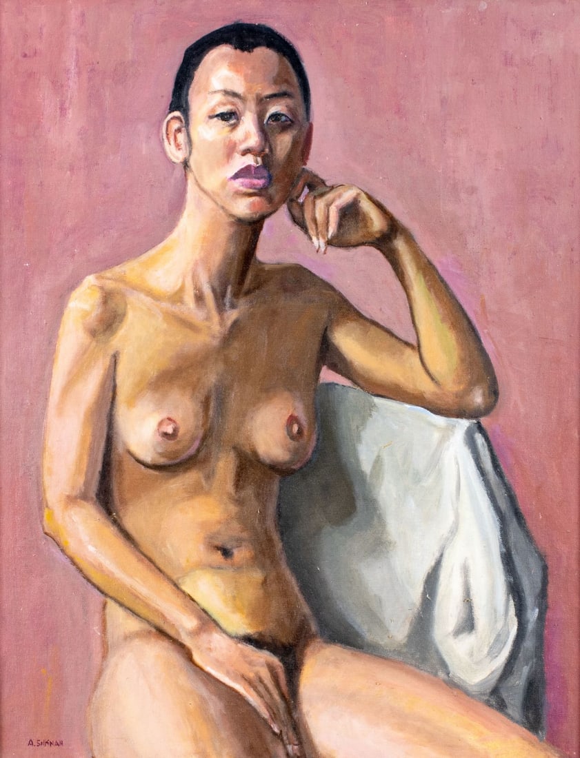 Arthur Silkman (NY,20C) oil painting: ARTIST: Arthur Silkman (New York, 20 century) TITLE: Nude MEDIUM: oil on canvas board CONDITION: Few minor paint losses. Some damages to left corners. No visible inpaint und
