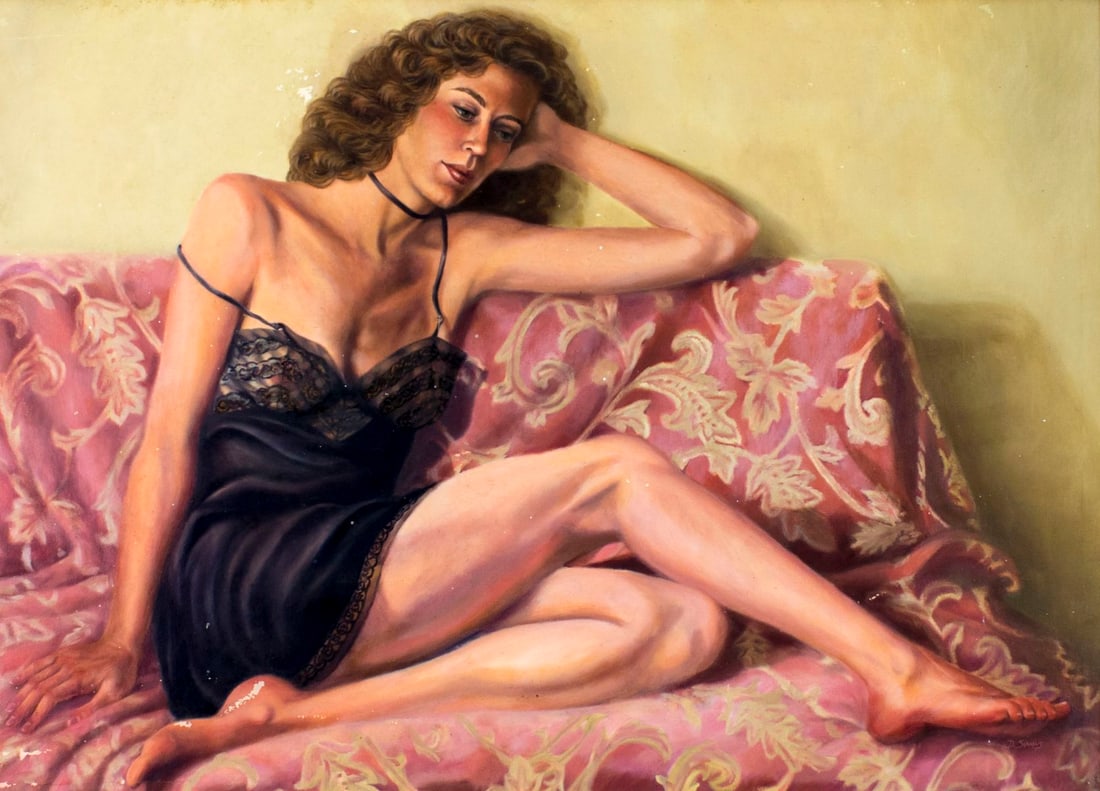 D Simons (US,mid 20C) oil painting: ARTIST: D Simons (American, mid 20 century) NAME: Reclining Woman MEDIUM: oil on canvas CONDITION: Some small paint losses. Minor craquelure. No visible inpaint under UV light. SIGHT SIZE