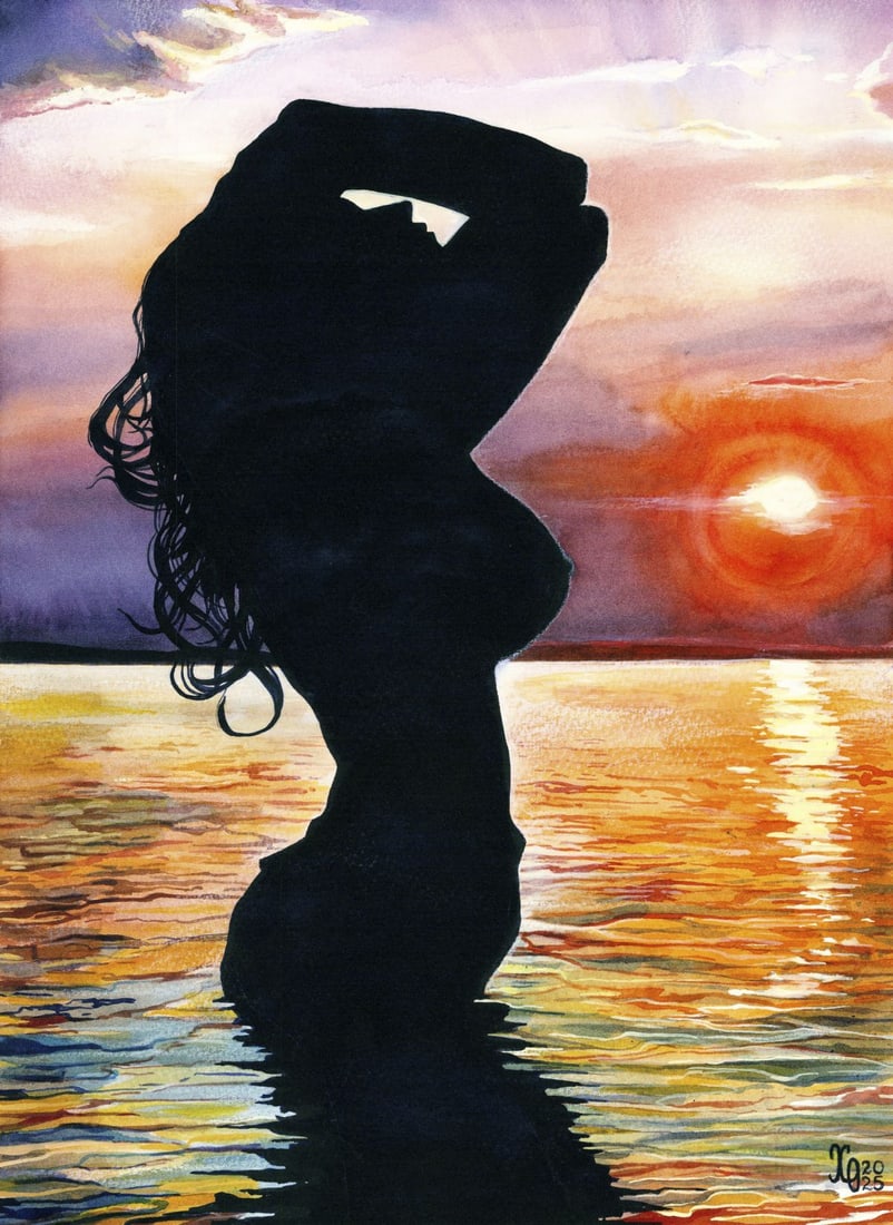 Oleksandra Hristevich (Ukraine,20/21C) watercolor painting: ARTIST: Oleksandra Hristevich (Ukrainian, 20/21 centuries) TITLE: Bathing Nude MEDIUM: watercolor on heavy paper CONDITION: Very good. ART SIZE: 16 x 12