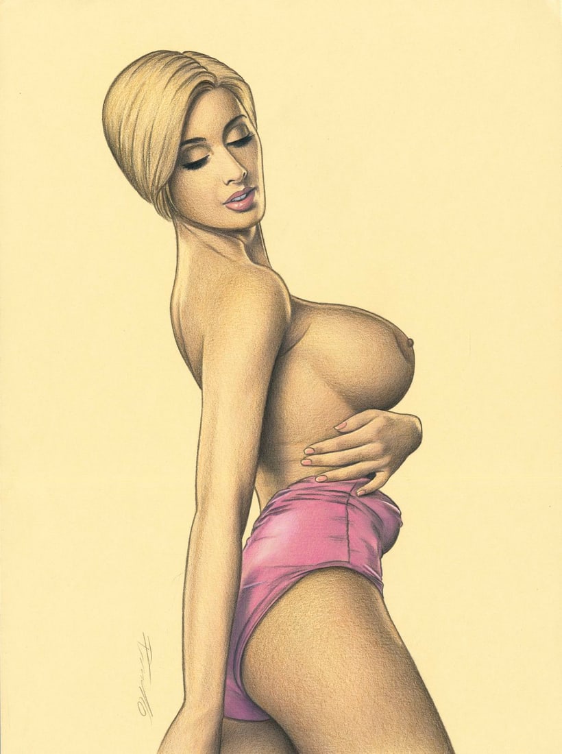 Rene Prudlo (German,b 1974) colored pencil painting: ARTIST: Rene Prudlo (Germany, born 1974) TITLE: Nude MEDIUM: colored pencil on heavy paper CONDITION: Minor damages to upper corners. ART SIZE: 12 x 8 in