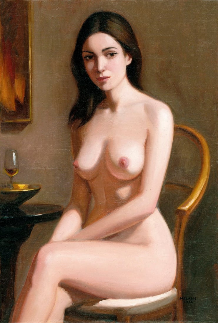 Bohdan Milash (Ukraine,b 1992) oil painting: ARTIST: Bohdan Milash (Ukraine, born 1992) TITLE: Nude in an Interior (titled on verso) MEDIUM: oil on canvas CONDITION: Unstretched (In-House stretching available). Very go