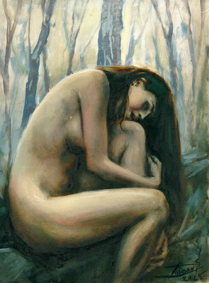 Sergey Dovgan (Ukraine,b 1976) oil painting: ARTIST: Sergey Dovgan (Ukrainian, born 1976) TITLE: Nude MEDIUM: oil on heavy paper CONDITION: Very good. No visible inpaint under UV light. ART SIZE: 16