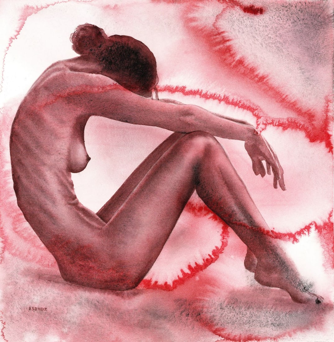 Veronika Ksondz (Ukraine,b 1997) watercolor painting: ARTIST: Veronika Ksondz (Ukrainian, born 1997) TITLE: Seated Nude MEDIUM: watercolor on heavy paper CONDITION: Very good. ART SIZE: 12 x 12 inches / 30 x