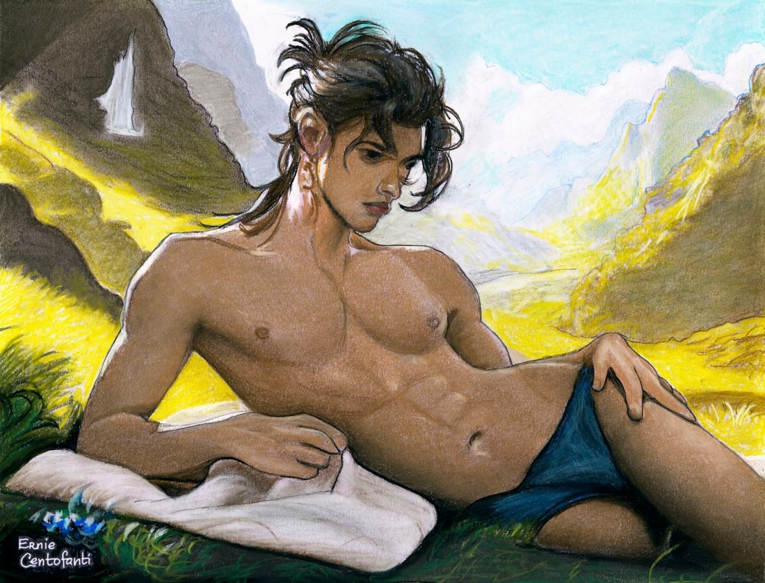 Ernie Centofanti (CA,b 1956) pastel painting: ARTIST: Ernie Centofanti (California, born 1956) TITLE: Reclining Male Nude MEDIUM: pastel on paper CONDITION: Very good. ART SIZE: 10 x 13 inches / 25 x