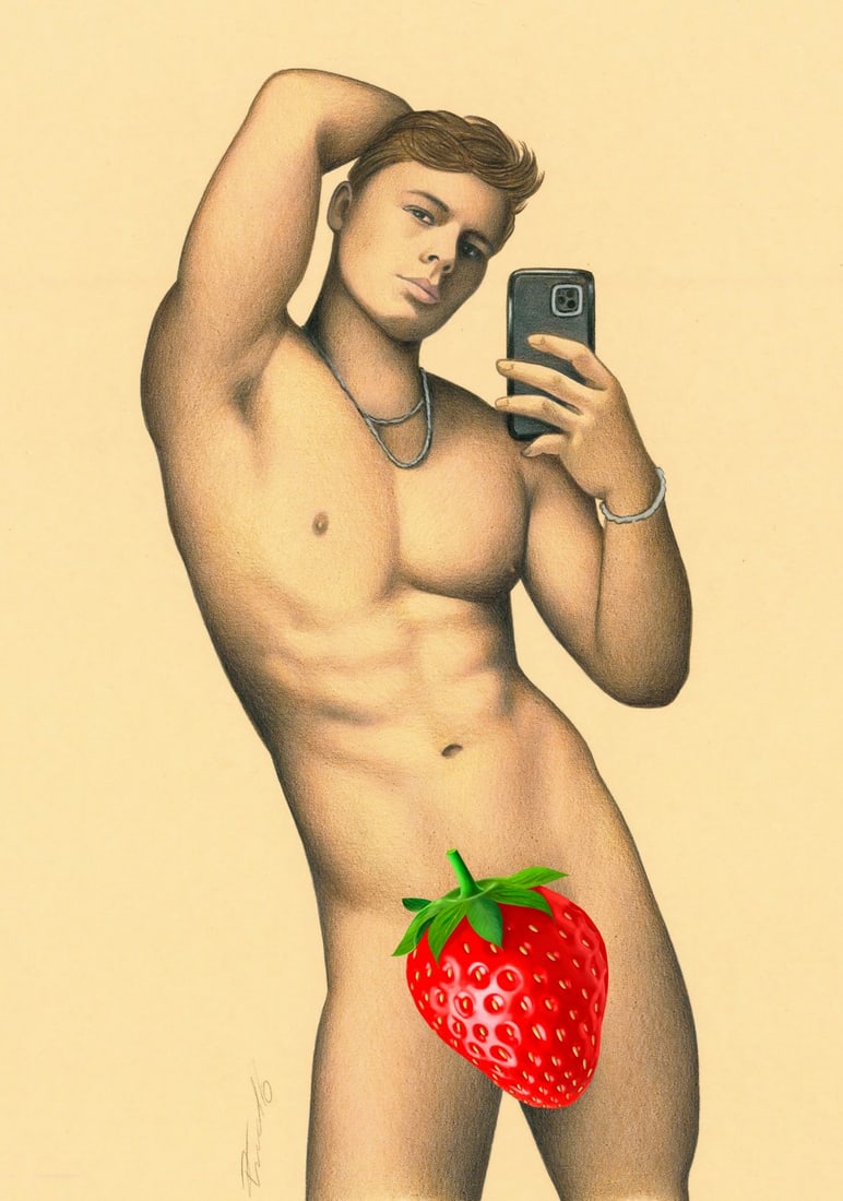 Rene Prudlo (German,b 1974) colored pencil painting: ARTIST: Rene Prudlo (Germany, born 1974) TITLE: Male Nude MEDIUM: colored pencil on heavy paper CONDITION: Very good. ART SIZE: 12 x 8 inches / 30 x 20 c