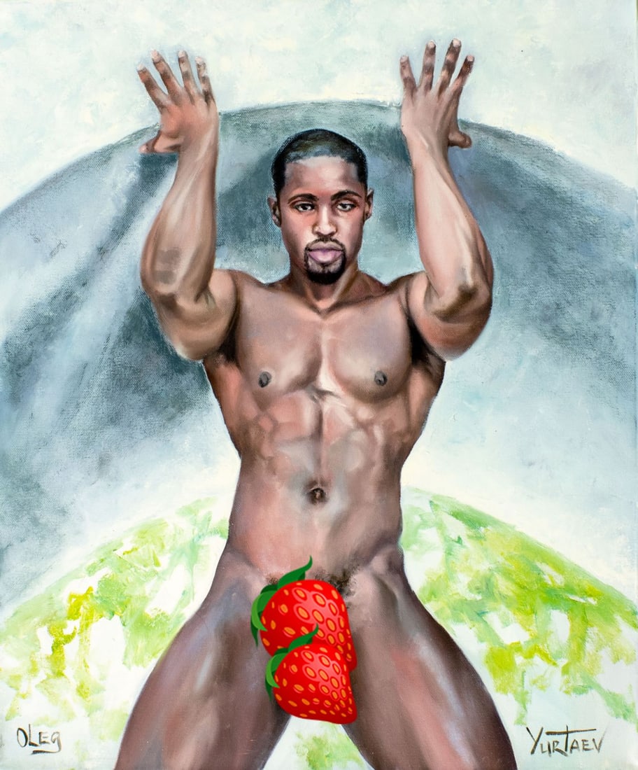 Oleg Yurtaev (Russia,b 1981) oil painting: ARTIST: Oleg Yurtaev (Russian, born 1981) TITLE: Male Nude - Coming out of the Shadows (titled on verso) MEDIUM: oil on canvas CONDITION: Unstretched (In-House stretching av