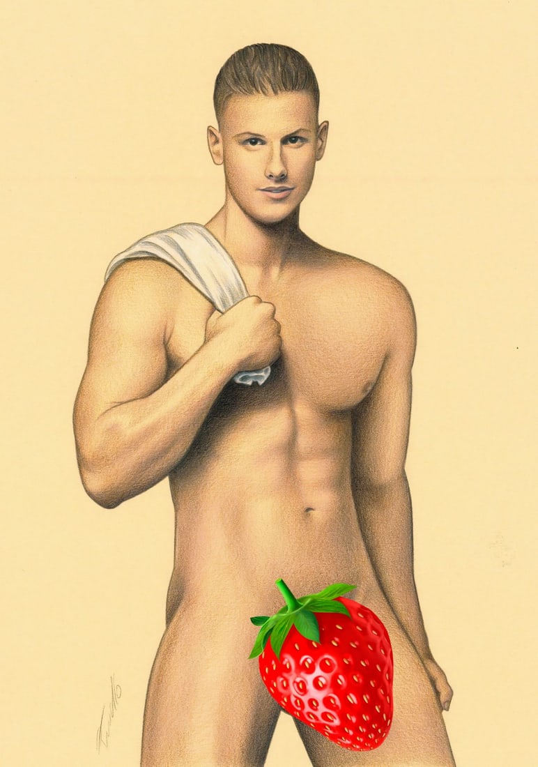 Rene Prudlo (German,b 1974) colored pencil painting: ARTIST: Rene Prudlo (Germany, born 1974) TITLE: Male Nude MEDIUM: colored pencil on heavy paper CONDITION: Very good. ART SIZE: 12 x 8 inches / 30 x 20 c