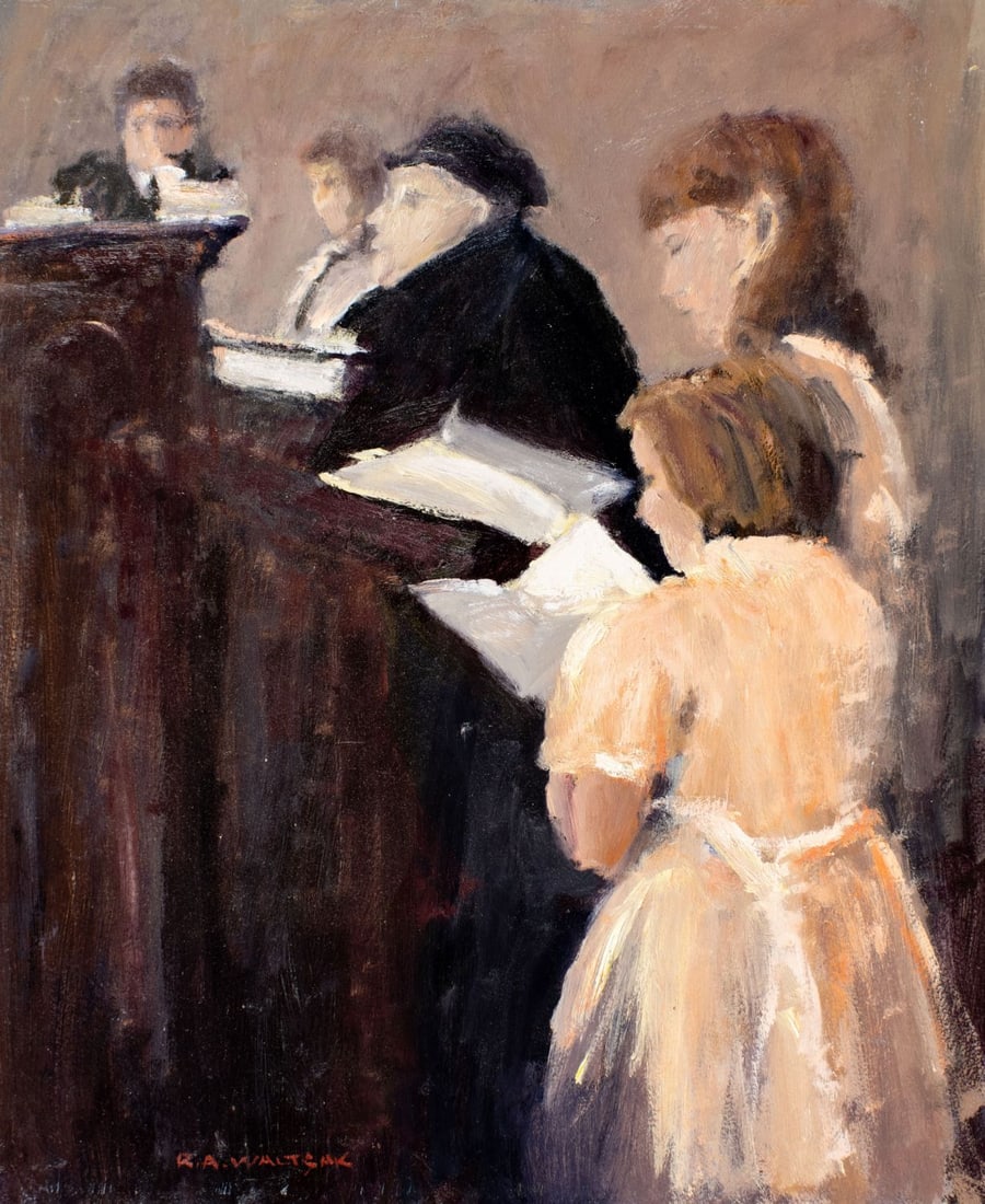 Robert Waltsak (NJ,b 1944) oil painting: ARTIST: Robert Alan Waltsak (New Jersey, born 1944) TITLE: Interior Scene MEDIUM: oil on board CONDITION: Few minor paint losses mostly along edges. No visible inpaint under