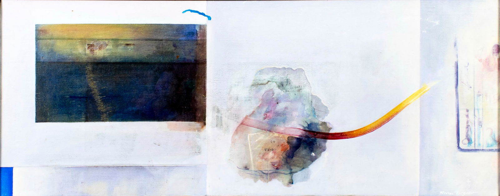 Ronni Bogaev (PA,FL,20C) oil painting: ARTIST: Ronni Bogaev (Pennsylvania, Florida, 20 century) TITLE: Abstract Composition MEDIUM: oil on canvas CONDITION: Some scratches/paint losses mostly in the upper right q