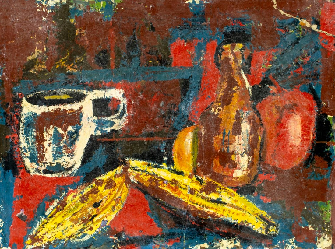 Vintage mid 20C American oil painting: ARTIST: - (American, mid 20 century) TITLE: Still Life MEDIUM: oil on board CONDITION: Few nail holes along edges. The upper right corner was broken and repaired. Some scr