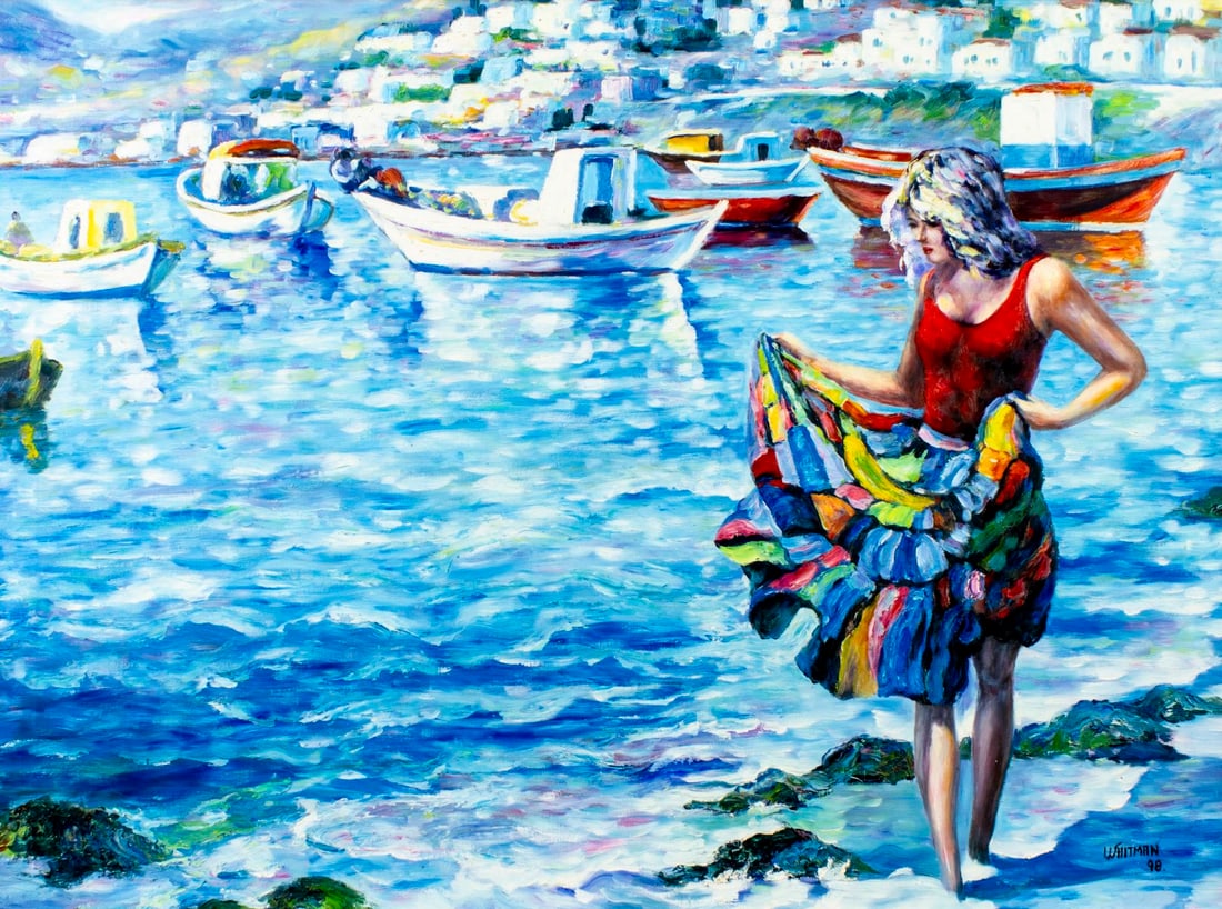 P Whitman (South America,20C) oil painting: ARTIST: P Whitman (South American, 20 century) TITLE: En la Orilla (titled on verso) YEAR: 1998 MEDIUM: oil on canvas CONDITION: Missing a few flakes of