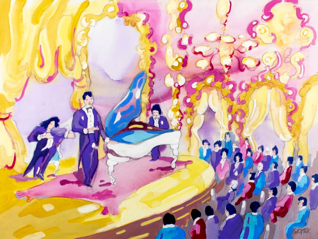 Woytek (Europe,20C) oil painting: ARTIST: Woytek (European, 20 century) TITLE: Performance MEDIUM: oil on canvas CONDITION: Unstretched (In-House stretching available). Few minor scratches/paint losses. No v