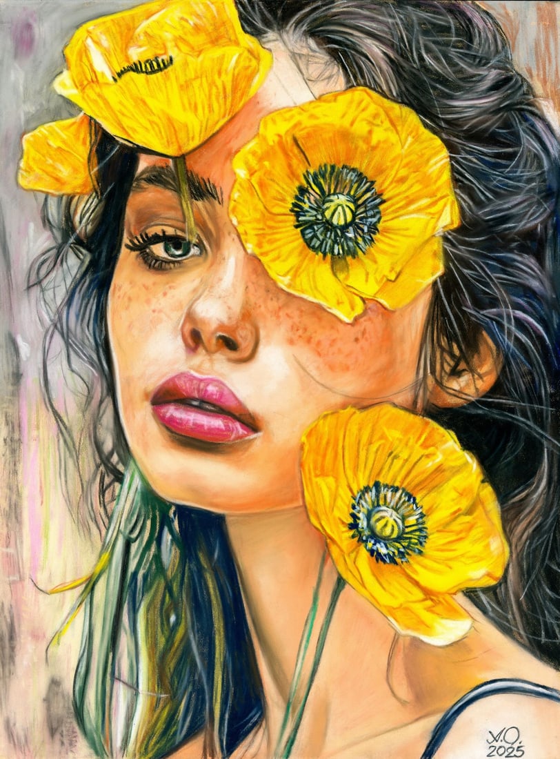 Oleksandr Achkasov (Ukraine,b 1965) pastel painting: ARTIST: Oleksandr Achkasov (Ukrainian, born 1965) TITLE: Portrait of Woman with Flowers MEDIUM: pastel on heavy paper CONDITION: Very good. ART SIZE: 16