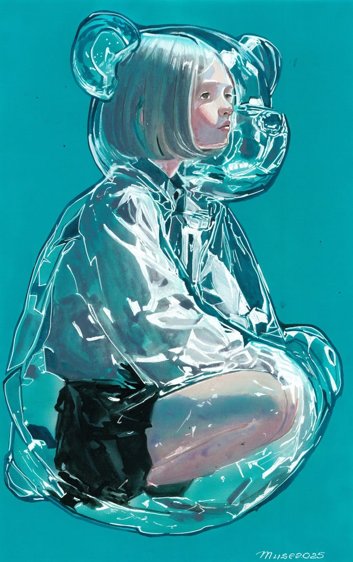 Olga Dolgikova (Ukraine,b 1967) acrylic painting: ARTIST: Olga Dolgikova (Ukrainian, born 1967) TITLE: Girl Bear MEDIUM: acrylic on heavy paper CONDITION: Very good. ART SIZE: 17 x 12 inches / 43 x 30 cm