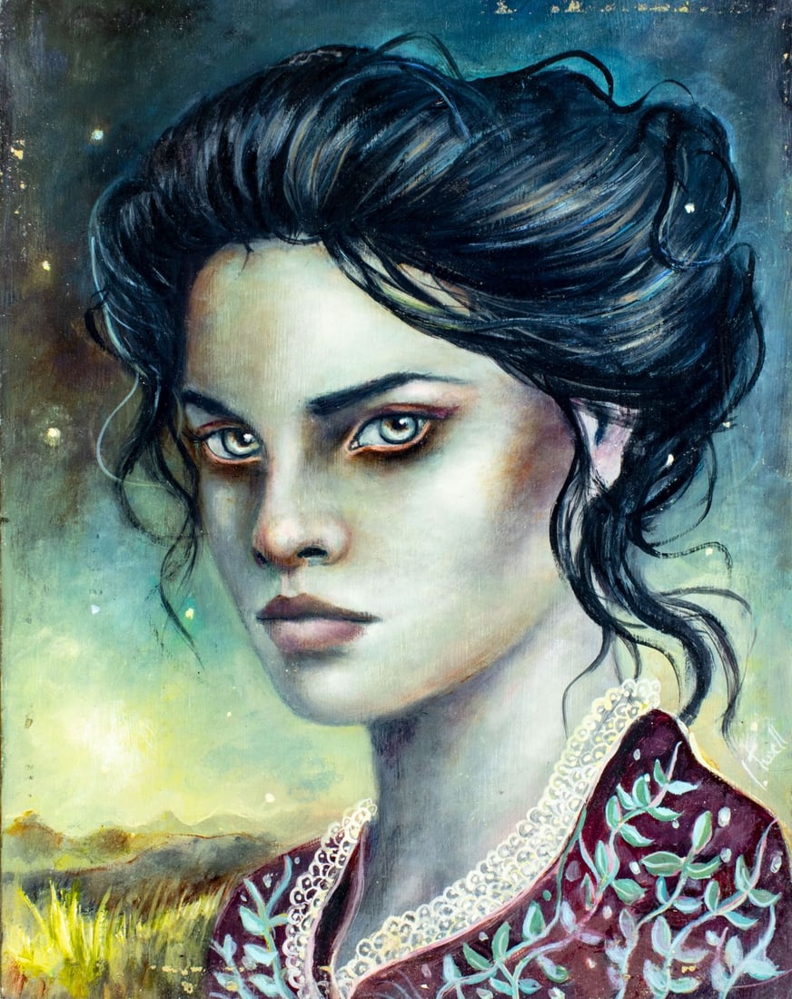 Ingrid Tusell Domingo (Spain,b 1978) acrylic painting: ARTIST: Ingrid Tusell Domingo (Spanish, born 1978) TITLE: Winter Dream YEAR: 2016 MEDIUM: acrylic on board CONDITION: Some small paint losses mostly alon