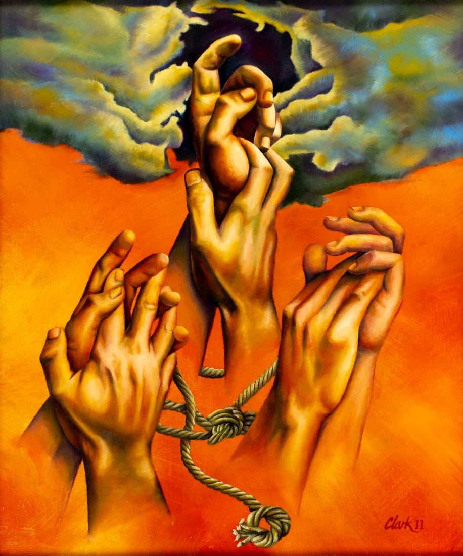 David Clark (US,20/21C) oil painting: ARTIST: David Clark (American, 20/21 centuries) TITLE: Believe YEAR: 2011 MEDIUM: oil on canvas board CONDITION: Very good. No visible inpaint under UV l