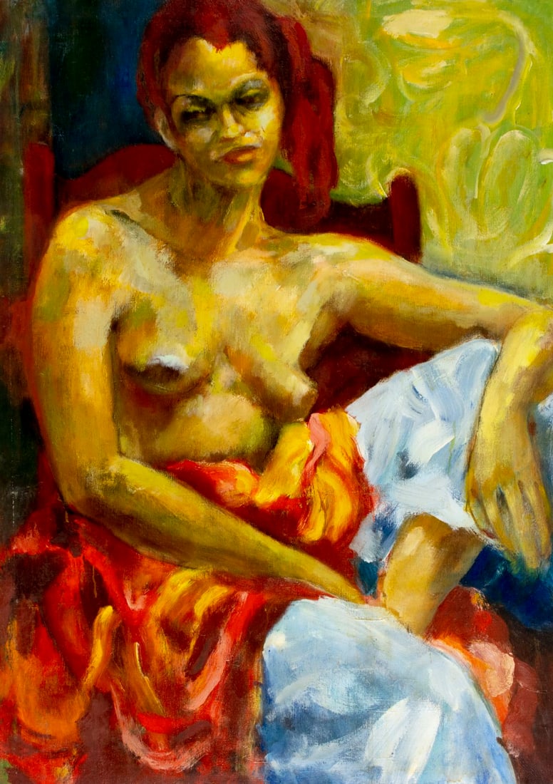 Thelma Thal (NY,1903-2001) oil painting: ARTIST: Thelma Thal (New York, 1903 - 2001) TITLE: Semi Nude MEDIUM: oil on canvas CONDITION: Few minor paint losses mostly along edges. No visible inpaint under UV light.