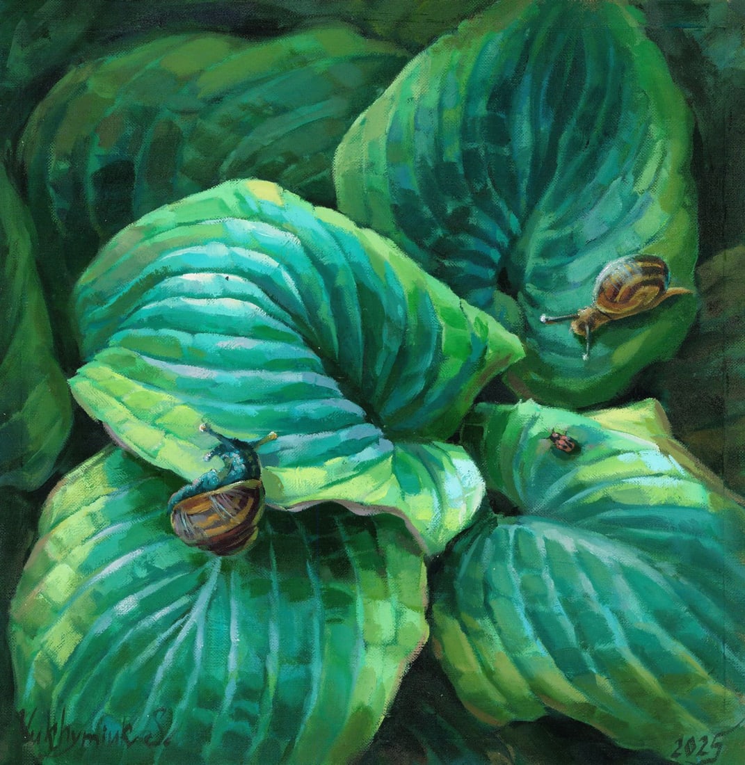 Svetlana Yukhymiuk (Ukraine,20/21C) oil painting: ARTIST: Svetlana Yukhymiuk (Ukrainian, 20/21 centuries) TITLE: Snails MEDIUM: oil on heavy paper CONDITION: Very good. No visible inpaint under UV light. ART SIZE