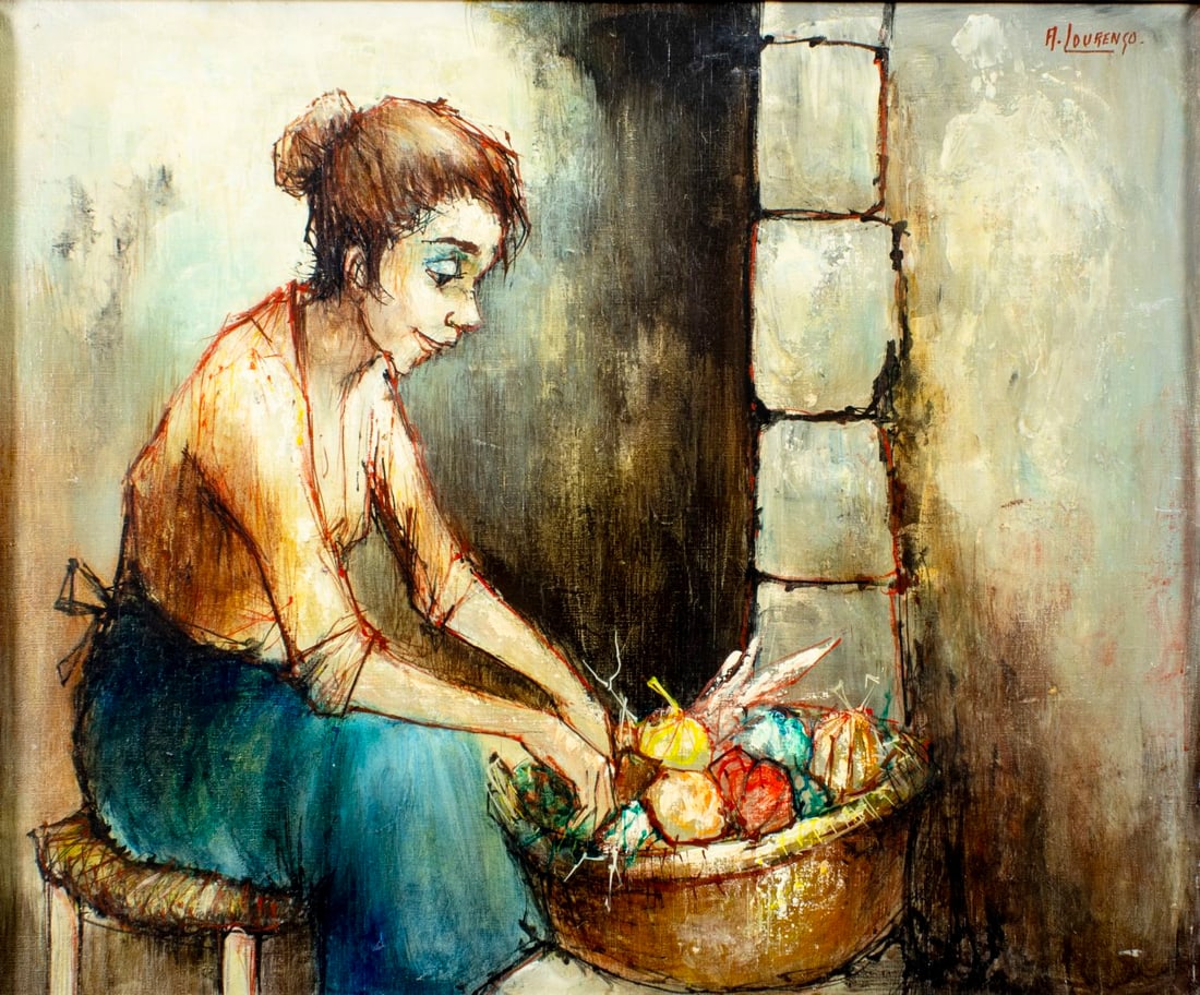 Armand Lourenco (France,1925-2004) oil painting: ARTIST: Armand Lourenco (French, 1925 - 2004) TITLE: Woman with Basket of Vegetables MEDIUM: oil on canvas CONDITION: One small patch. Few small paint losses. Minor craque