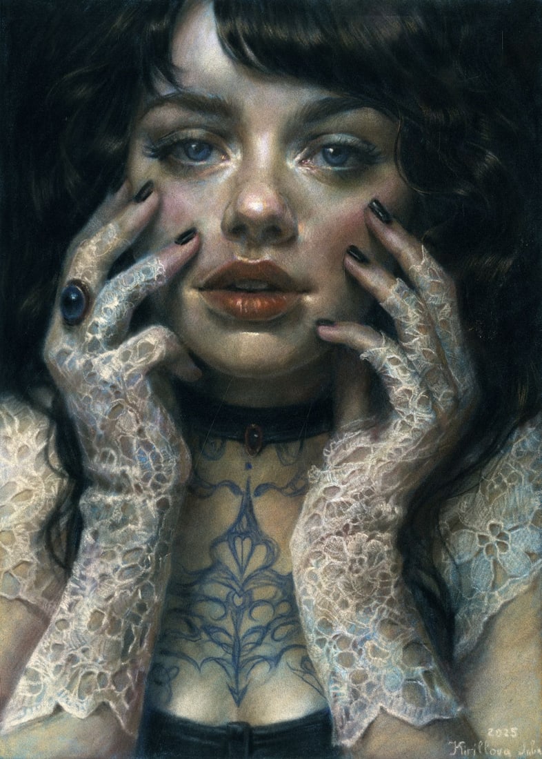 Julia Kirillova (Ukraine,b 1991) pastel painting: ARTIST: Julia Kirillova (Ukrainian, born 1991) TITLE: Portrait of Woman MEDIUM: pastel on heavy paper CONDITION: Very good. ART SIZE: 12 x 8 inches / 30