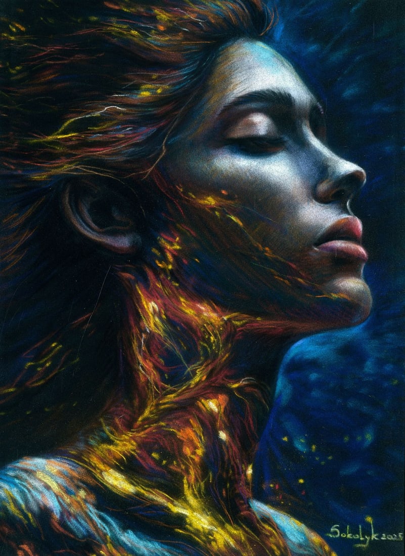 Vira Sokolyk (Ukraine,b 1999) pastel painting: ARTIST: Vira Sokolyk (Ukrainian, born 1999) TITLE: Portrait of Woman MEDIUM: pastel on heavy paper CONDITION: Very good. ART SIZE: 12 x 8 inches / 30 x 2