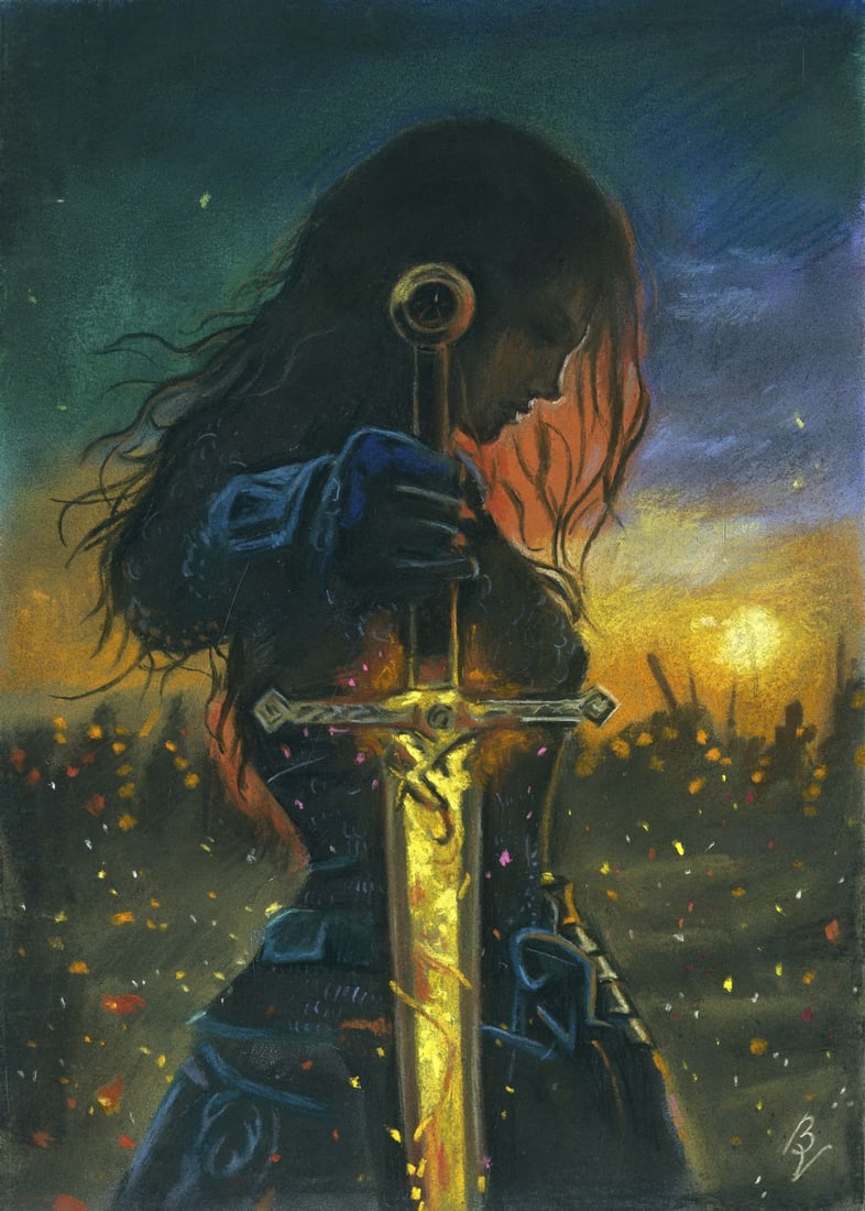 Victoria Borisova (Ukraine,20/21C) pastel painting: ARTIST: Victoria Borisova (Ukrainian, 20/21 centuries) TITLE: Woman with Sword MEDIUM: pastel on heavy paper CONDITION: Very good. ART SIZE: 12 x 8 inche