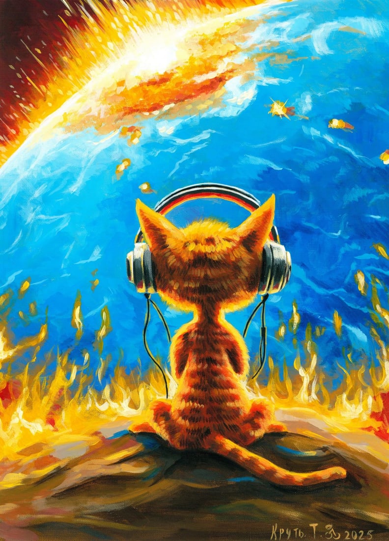 Tatiana Krut (Ukraine,20/21C) acrylic painting: ARTIST: Tatiana Krut (Ukrainian, 20/21 centuries) TITLE: Cat with Headphones MEDIUM: acrylic on heavy paper CONDITION: Very good. ART SIZE: 16 x 12 inche