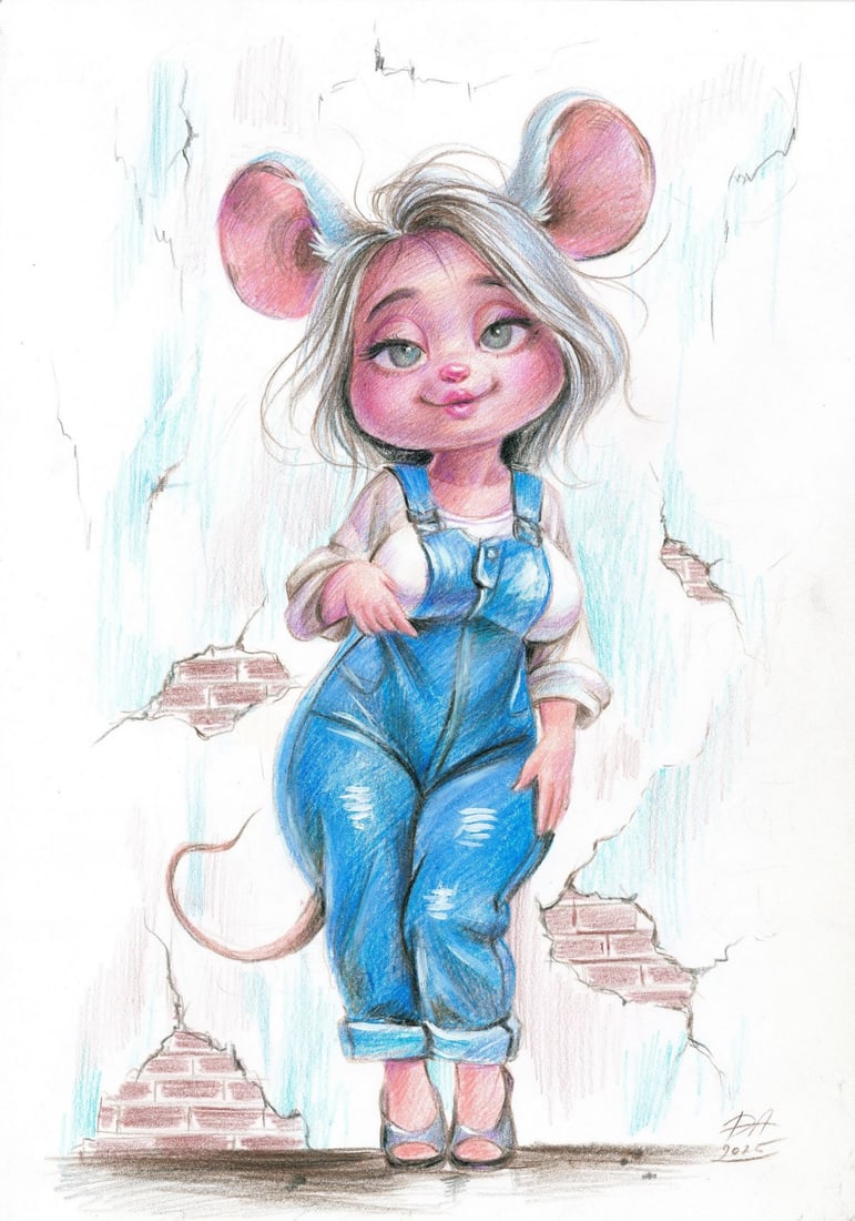Olena Dmytrazh (Ukraine,b 1989) colored pencil painting: ARTIST: Olena Dmytrazh (Ukrainian, born 1989) TITLE: Mouse Girl MEDIUM: colored pencil on paper CONDITION: Very good. ART SIZE: 12 x 8 inches / 30 x 20 c