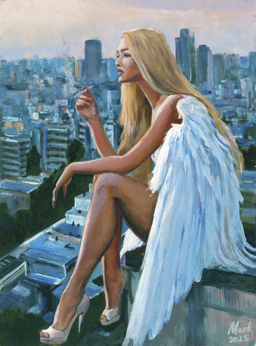 Mark Zybkin (Ukraine,20/21C) oil painting: ARTIST: Mark Zybkin (Ukrainian, 20/21 centuries) TITLE: Angel Woman on Roof MEDIUM: oil on heavy paper CONDITION: Very good. No visible inpaint under UV light. AR