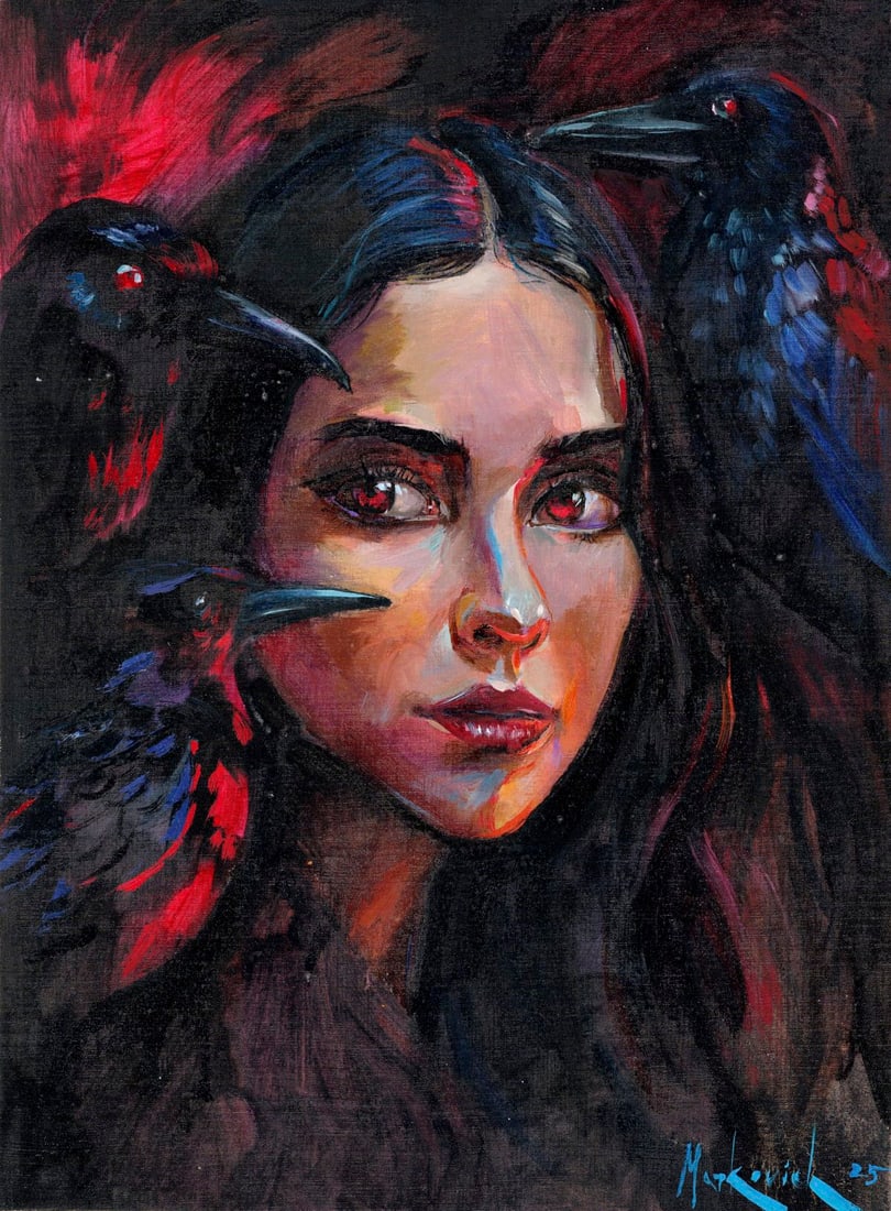 Olena Markovych (Ukraine,b 1987) oil painting: ARTIST: Olena Markovych (Ukraine, born 1987) TITLE: Woman with Ravens MEDIUM: oil on paper CONDITION: Minor paint losses. No visible inpaint under UV light. ART S