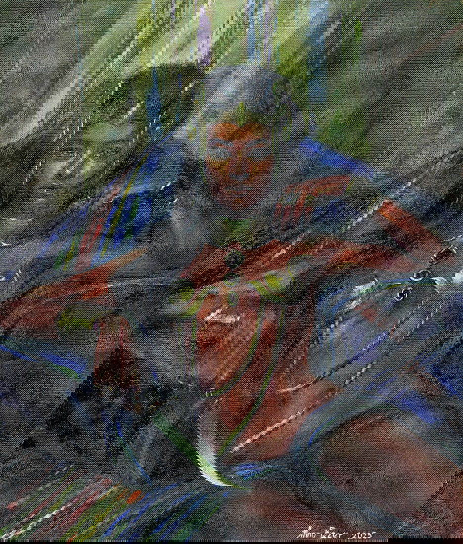 Anna Ezer (Ukraine,20/21C) acrylic painting: ARTIST: Anna Ezer (Ukrainian, 20/21 centuries) TITLE: Woman with Knife MEDIUM: acrylic on heavy paper CONDITION: Very good. ART SIZE: 13 x 12 inches / 33