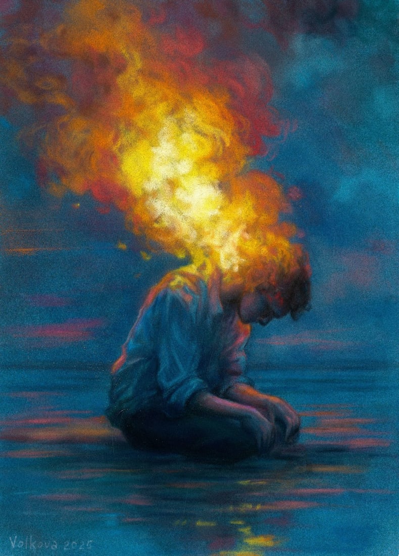 Anna Volkova (Ukraine,20/21C) pastel painting: ARTIST: Anna Volkova (Ukrainian, 20/21 centuries) TITLE: Kneeling Man in Fire MEDIUM: pastel on heavy paper CONDITION: Minor damage to the lower right corner. ART