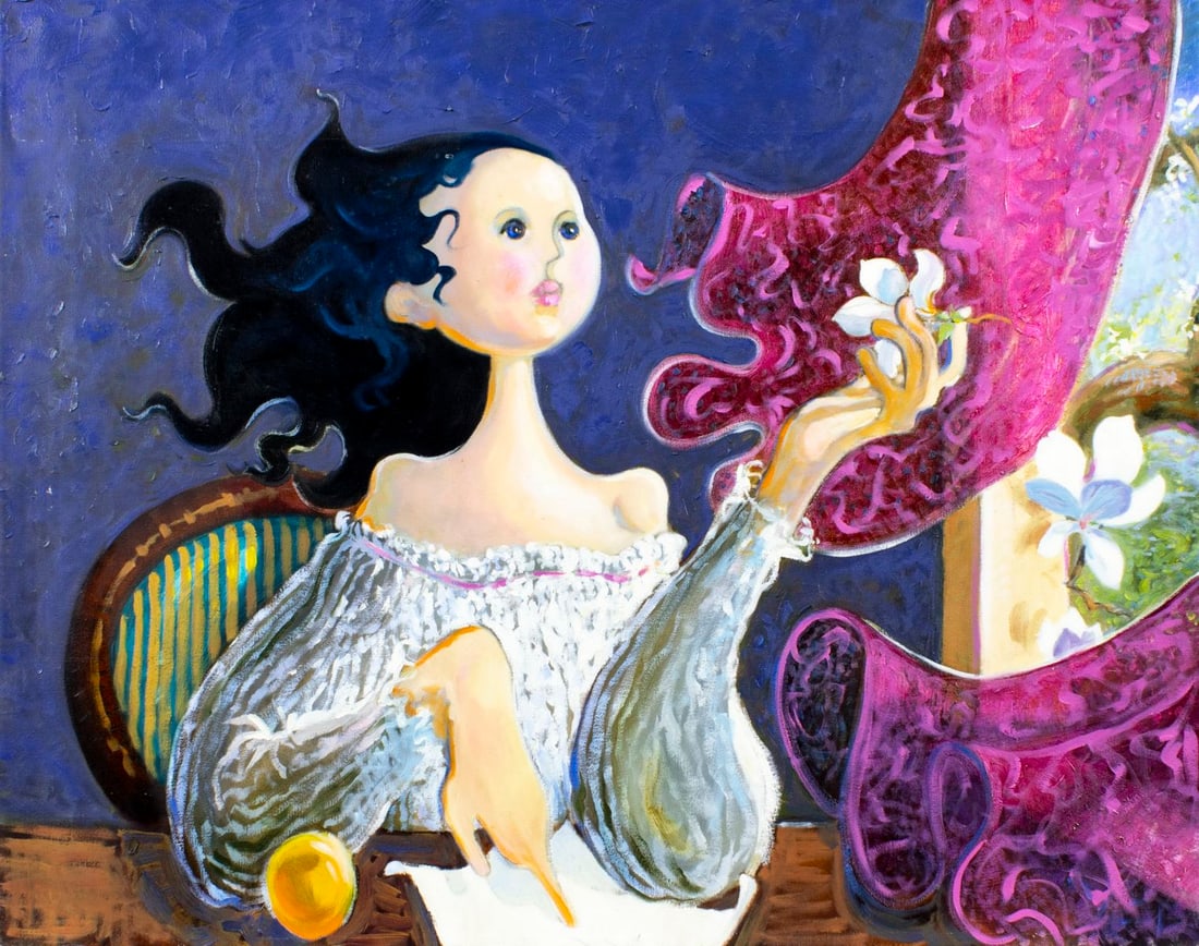 Contemporary 20/21C American oil painting: ARTIST: - (American, 20/21 centuries) TITLE: Woman with Flower MEDIUM: oil on canvas CONDITION: Minor scratches/paint losses. No visible inpaint under UV light.