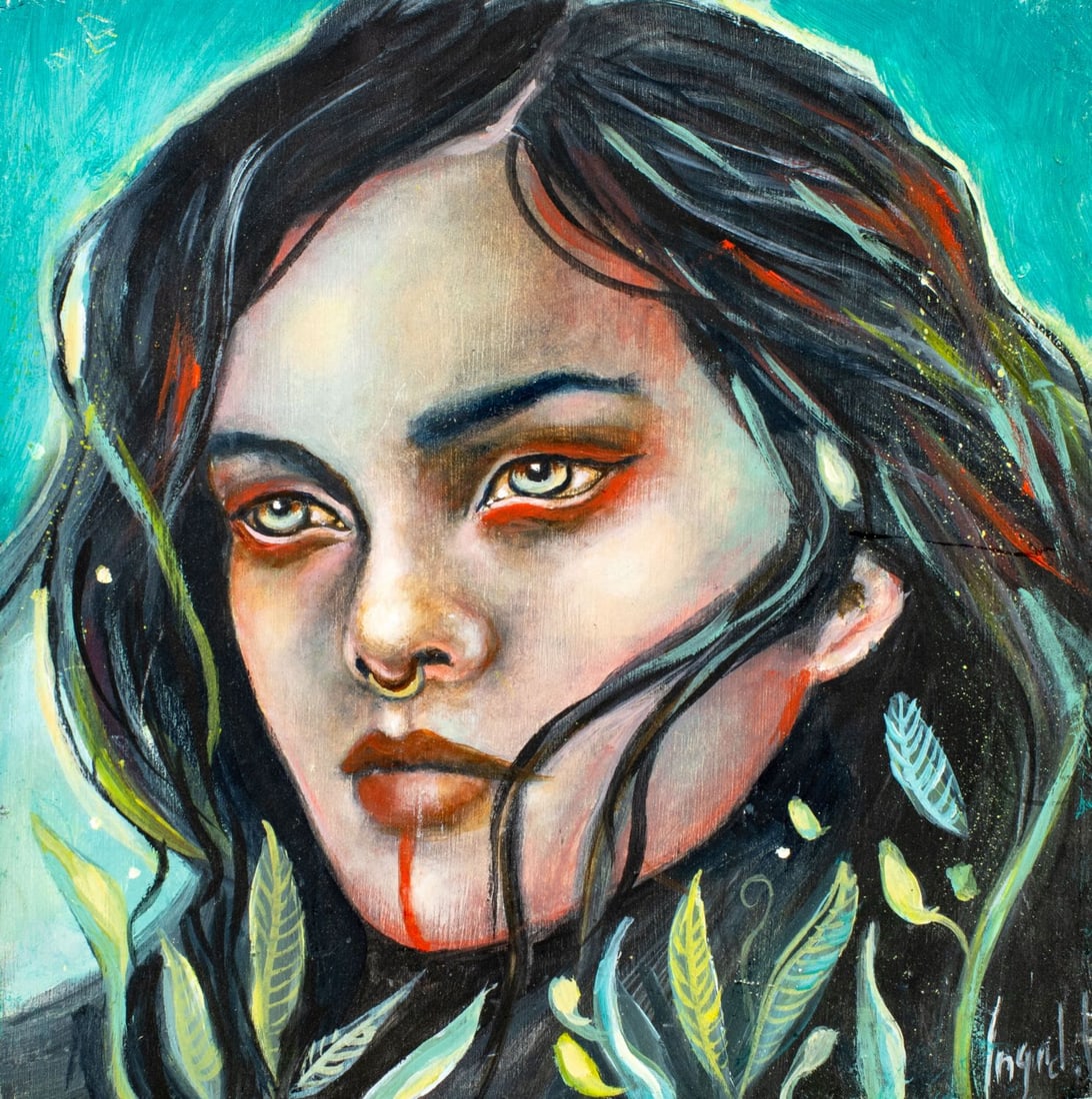 Ingrid Tusell Domingo (Spain,b 1978) acrylic painting: ARTIST: Ingrid Tusell Domingo (Spanish, born 1978) TITLE: Portrait of Woman MEDIUM: acrylic on board CONDITION: Few small scratches/paint losses mostly along edges. No visib