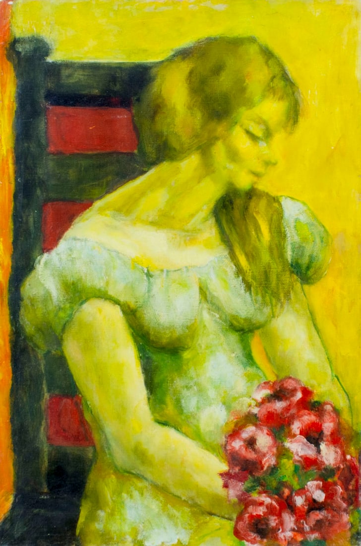 Thelma Thal (NY,1903-2001) oil painting: ARTIST: Thelma Thal (New York, 1903 - 2001) TITLE: Woman with Flowers MEDIUM: oil on canvas CONDITION: Few small scratches/paint losses. No visible inpaint under UV light.