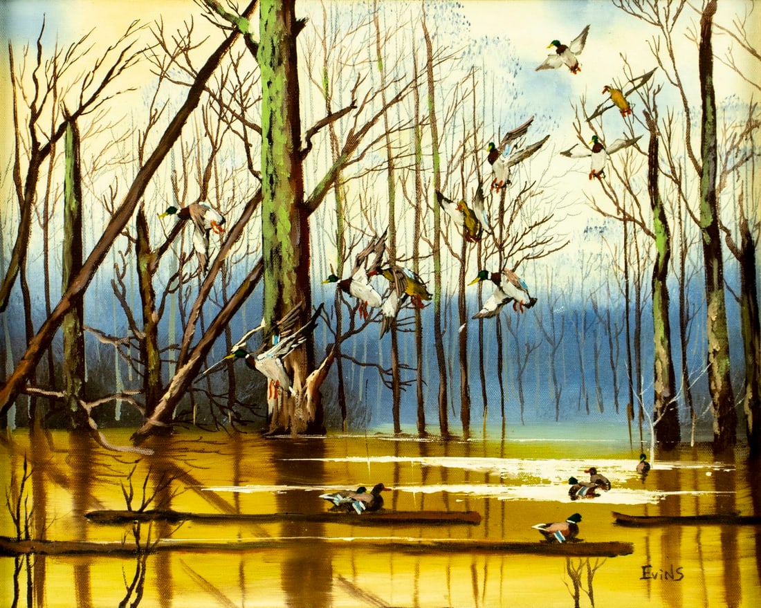 Evins (US,20C) oil painting: ARTIST: Evins (American, 20 century) TITLE: Flying Ducks MEDIUM: oil on canvas CONDITION: Overall good. No visible inpaint under UV light. Wear to frame. ART SIZE