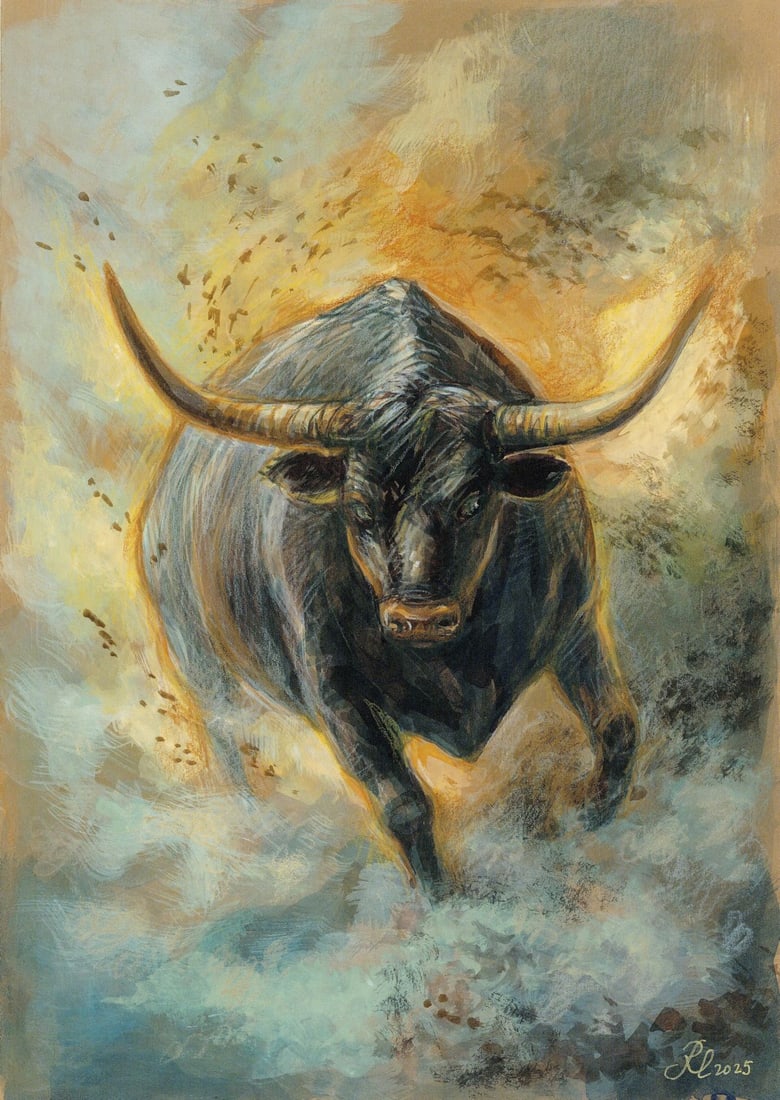Lyudmila Rudenko (Ukraine,20/21C) mixed media painting: ARTIST: Lyudmila Rudenko (Ukrainian, 20/21 centuries) TITLE: Bull MEDIUM: mixed media on heavy paper CONDITION: Very good. ART SIZE: 12 x 8 inches / 30 x