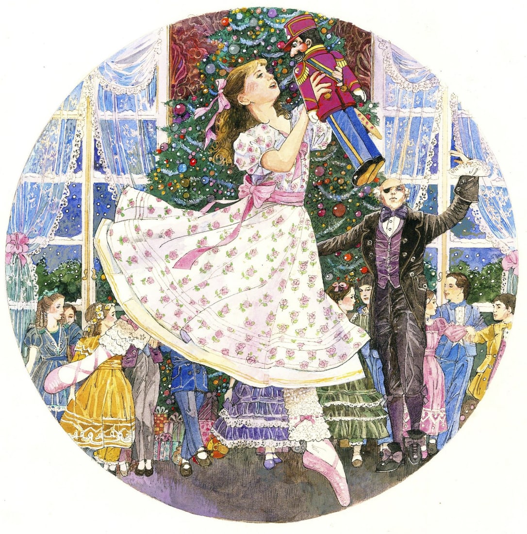 Gillian Hampson (US,20C) watercolor painting: ARTIST: Gillian Hampson (American, 20 century) TITLE: Ballet Plate Design - Nutcracker YEAR: 1984 MEDIUM: watercolor on paper. Paper applied to board. CONDITION:<