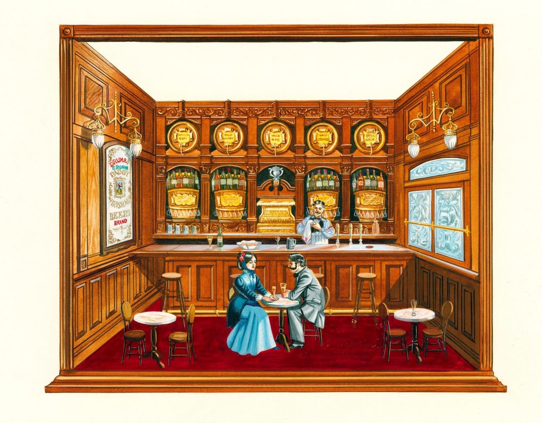 DePersico (US,20C) watercolor painting: ARTIST: DePersico (American, 20 century) TITLE: Pub Scene MEDIUM: watercolor on board CONDITION: Few pinholes by the upper corners. ART SIZE: 11 x 14 inc