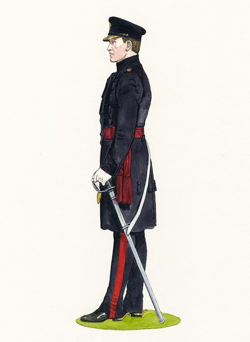 Gerry Embleton (UK,1941-?) watercolor painting: ARTIST: Gerry A Embleton (United Kingdom, 1941 - ???) TITLE: Soldier - The Grenadier Guards, Major, In Frock Coat (titled on verso) MEDIUM: watercolor on board CONDITION: