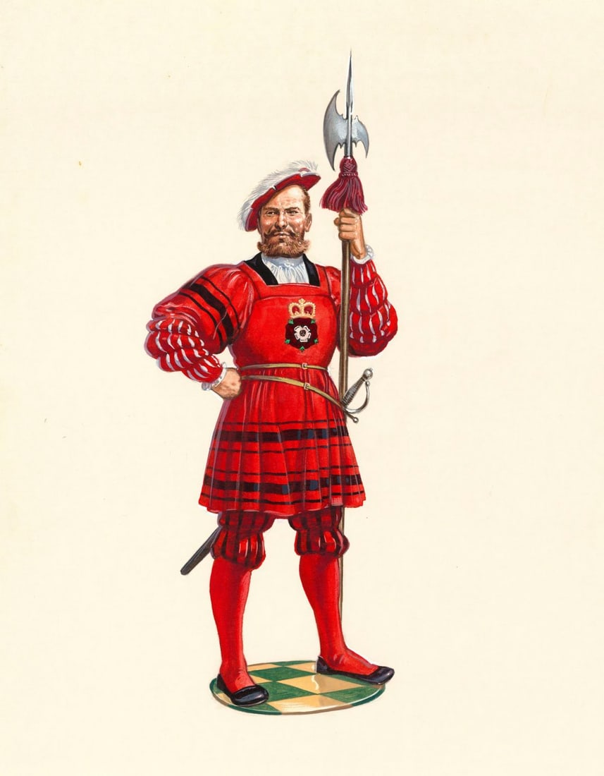 Gerry Embleton (UK,1941-?) watercolor painting: ARTIST: Gerry A Embleton (United Kingdom, 1941 - ???) TITLE: Soldier - The Kings Body Guard of the Yeoman of the Guard, circa 1540 (titled on label) MEDIUM: watercolor on board CON