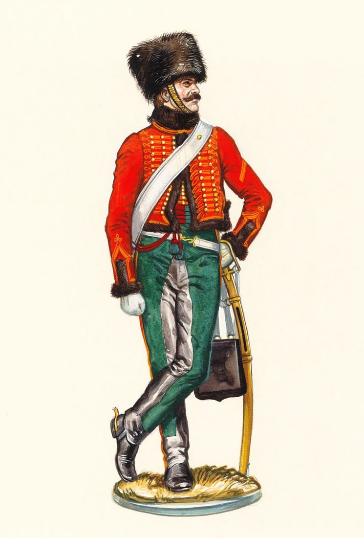 Gerry Embleton (UK,1941-?) gouache painting: ARTIST: Gerry A Embleton (United Kingdom, 1941 - ???) TITLE: Soldier - Napoleons Imperial Guard - Chasseurs a Cheval, France, 1808 (titled on verso) MEDIUM: gouache on board CONDI