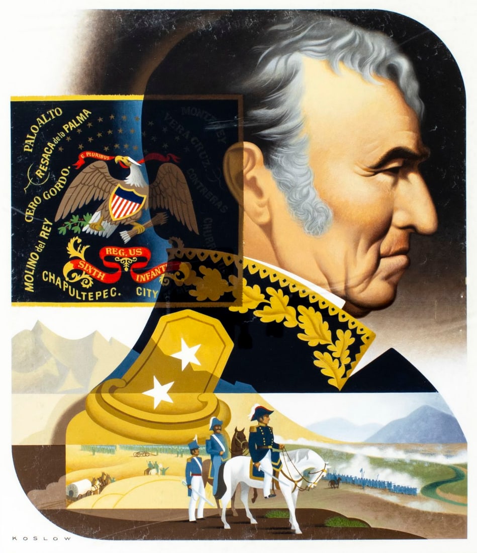 Howard Koslow (NJ,NY,1924-2016) oil painting: ARTIST: Howard Bertram Koslow (New Jersey, New York, 1924 - 2016) TITLE: Zachary Taylor MEDIUM: oil on board CONDITION: Very good. No visible inpaint under UV light. Frame