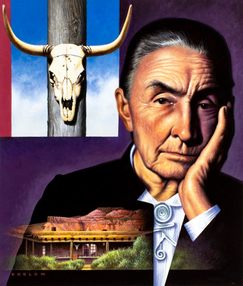 Howard Koslow (NJ,NY,1924-2016) oil painting: ARTIST: Howard Bertram Koslow (New Jersey, New York, 1924 - 2016) TITLE: Portrait of Georgia O'Keeffe (titled on verso) YEAR: 1996 MEDIUM: oil on board CONDITIO