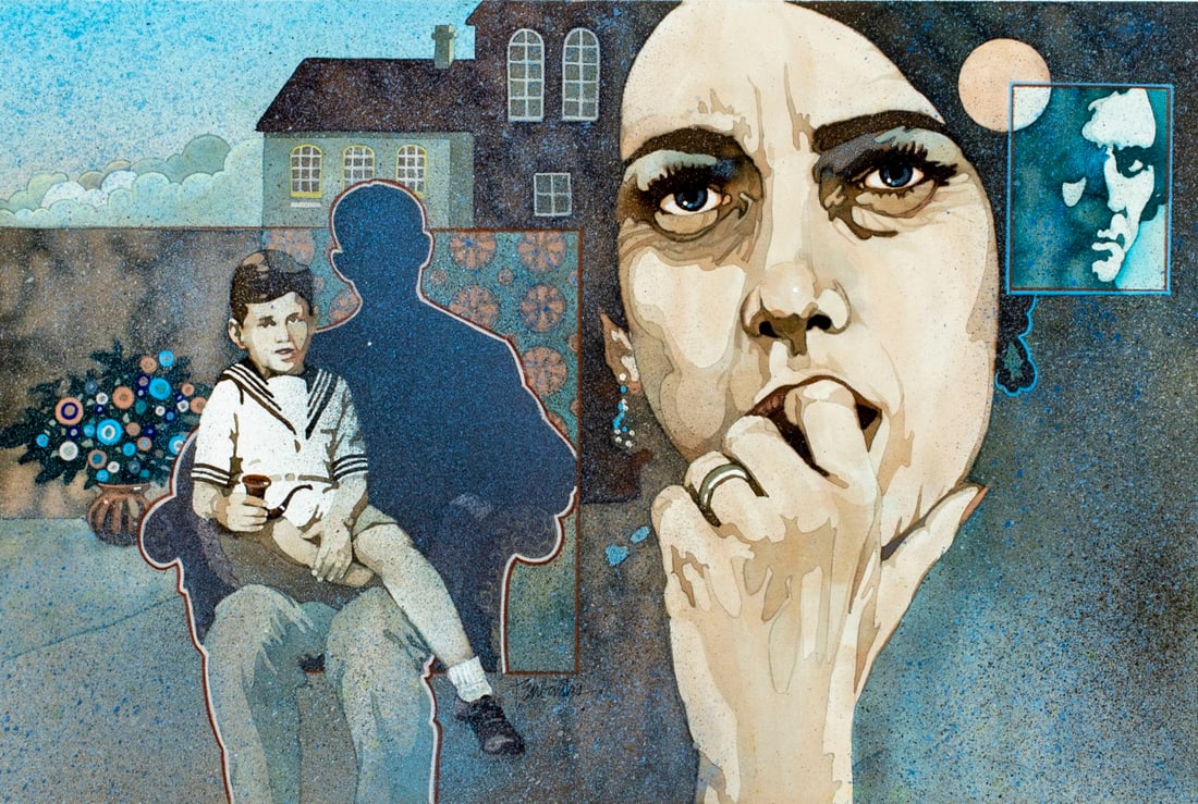 Tony Eubanks (TX,1939-?) mixed media painting: ARTIST: Tony Eubanks (Texas, 1939 - ???) TITLE: Illustration YEAR: circa 1979 MEDIUM: mixed media on paper. Paper applied to board. CONDITION: Very goo